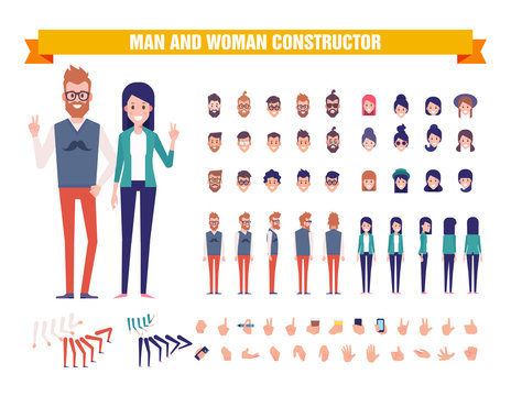 Young Man and woman character constructor with various views, hairstyles, poses and gestures. Front, side, back view. Cartoon style, flat vector illustration. 