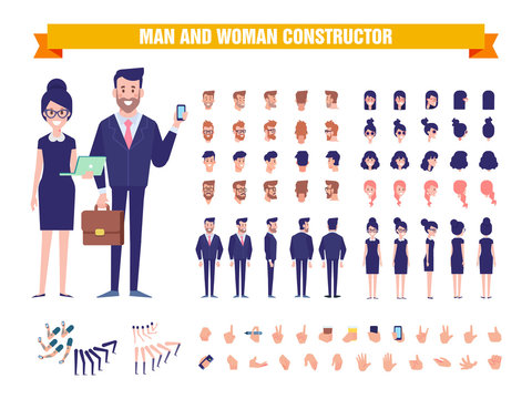 Business Man and woman character constructor with various views, hairstyles, poses and gestures. Front, side, back view. Cartoon style, flat vector illustration. 