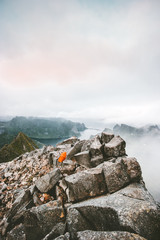 Camping tent on the top of mountain landscape aerial view in Norway scandinavian Travel