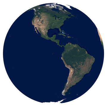 Earth from space. Satellite image of planet Earth. Photo of globe. Isolated physical map of Western hemisphere (North America and South America). Elements of this image furnished by NASA.