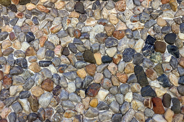  Wall of small multicolored pebbles. The stone surface of the wall or the road. Background, texture.