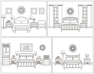 Room interior. Hotel bedroom with bed. Vector. Linear illustration. Retro house furniture in line art flat design. Home space sketch. Set vintage background. Outline contour apartment. Coloring page.