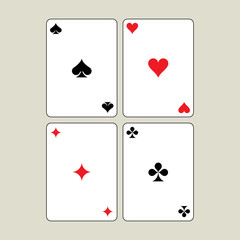 Playing cards symbols, on light beige background. Spade, Heart, Clover, Diamond.