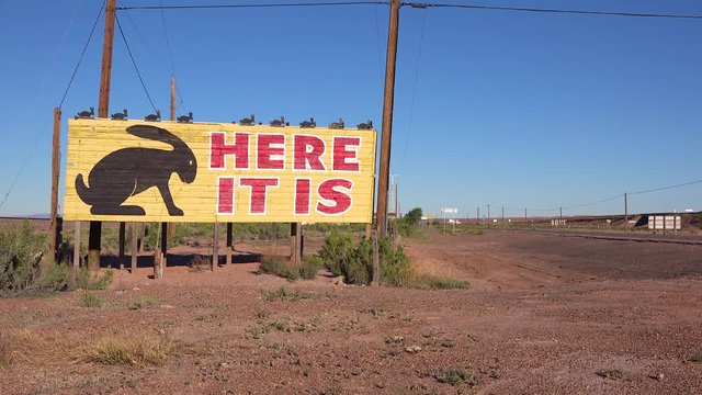 A rabbit themed road sign in the desert says Here It Is, although nothing is there.