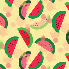 Watermelon vector pattern illustration green, red, pink and yellow colors on a orange background