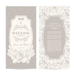 intage set of template spring flowers and patterned background. Elegant lace wedding invitation design, Greeting Card, banners.