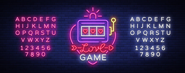 Love Game neon sign vector. Casino Slot Machines Logo in the neon style, gambling symbol, light banner, bright neon night advertisement for casinos gambling. Design template. Editing text neon sign