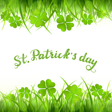 Text Happy St Patricks Day with green four-leaf clover and grass