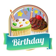 badge of delicious cupcake with sweet topping