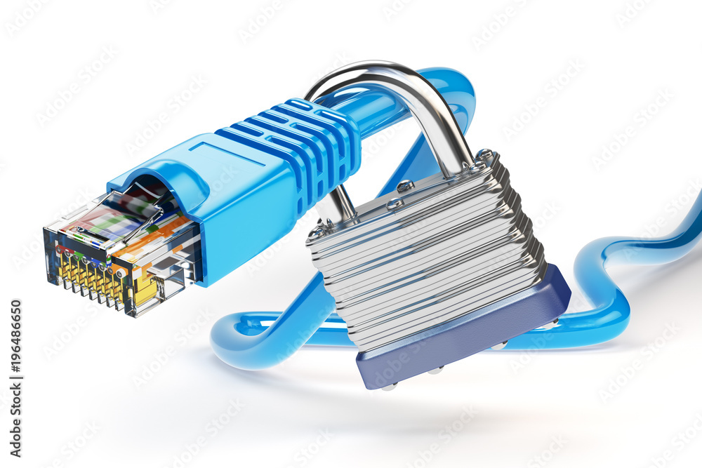 Poster Network ethernet cable locked with padlock isolated on white background. Internet security and data protection concept