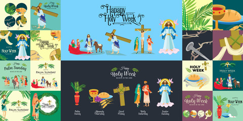 Set for Christianity holy week before easter, Lent and Palm or Passion Sunday, Good Friday crucifixion of Jesus and his death, Stations of Cross, God Last Supper Crown of thorns vector illustration