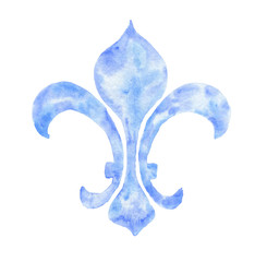 Fleur-de-lys hand drawn watercolor blue ornamen, isolated on white background. Vintage heraldic illustration. © Ann Lou