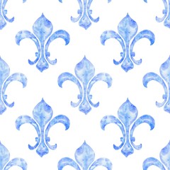 Fleur-de-lys hand drawn watercolor blue ornamen seamless background, boho reeating pattern. Vintage heraldic illustration. - obrazy, fototapety, plakaty