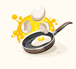 Eggs frying on the hot pan. Healthy english breakfast with egg