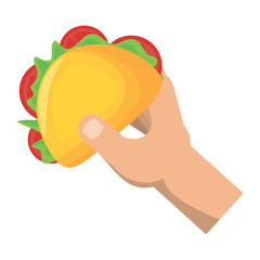 hand holding a taco icon over white background, colorful design. vector illustration