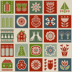 Scandinavian folk art seamless vector pattern with flowers, trees, rabbit, owl, houses, mushrooms, pears and decorative elements in simple style