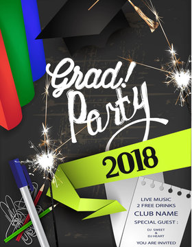 Grad party 2018  banner with chalk board, sparklers and stationery. Vector illustration