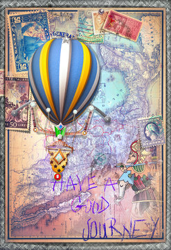 Old map with hot air balloon and tarot figure