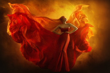 Fashion Model Art Fantasy Fire Dress, Blindfolded Woman Dreams in Red Flying Gown, Girl Beauty...
