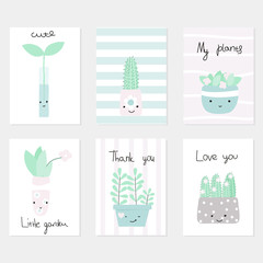 Collection of cute cards with house plants. Vector hand drawn illustration.