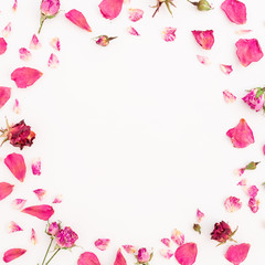 Floral frame with pink roses on white background, Flat lay, Top view