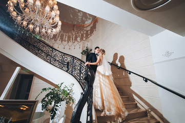 A couple of newlyweds are standing on the stairs in a luxurious interior. A wedding dress with a...