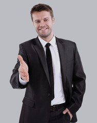 Portrait of happy business man inviting to cooperation isolated 