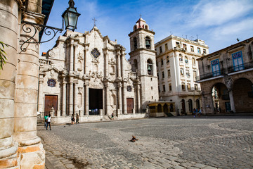 Plaza de la Cathedral in Old Havana (Cuba) with the baroque architecture of San Cristobal Cathedral.