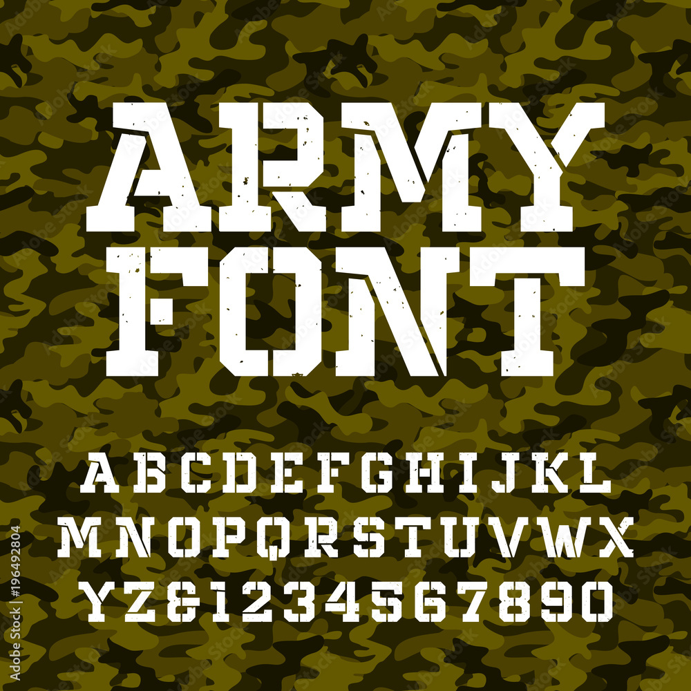 Fototapete army stencil alphabet font. type letters and numbers on a green camo seamless background. vector mil
