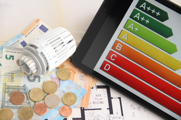 Heizungsthermostat mit Energielabel und Geld