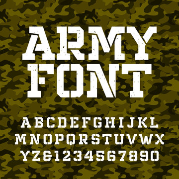 Army stencil alphabet font. Type letters and numbers on a green camo seamless  background. Vector military typeface for your design.