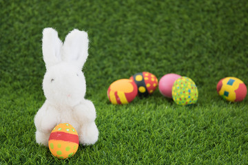 Easter bunny toy and Easter eggs