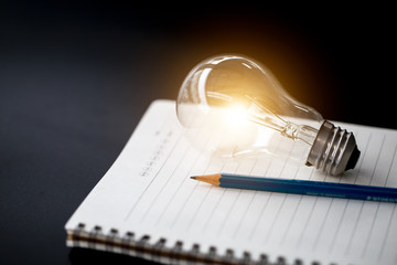 Creative writing, closeup pencil on notebook with light bulb