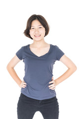 Young female short hair with blank gray t-shirt