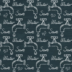 Chalkboard ecology seamless pattern with Save Water text