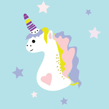 Unicorn vector icon isolated on white. Head portrait horse sticker, patch badge. Cute magic cartoon fantasy cute animal. Rainbow hair. Dream symbol. Design for children