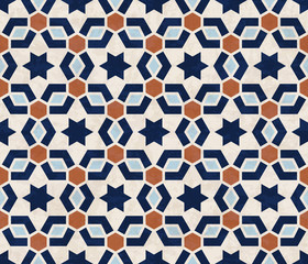 Abstract geometric pattern, marbled stars and hexagonal tiles in Islamic style, textured seamless vector illustration