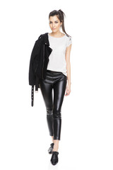 High fashion look.glamor stylish beautiful young woman model with black jacket