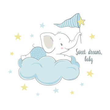 Little elephant on the cloud. Cartoon vector illustration for kids