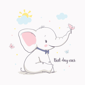 Little elephant with butterfly. Vector illustration for kids