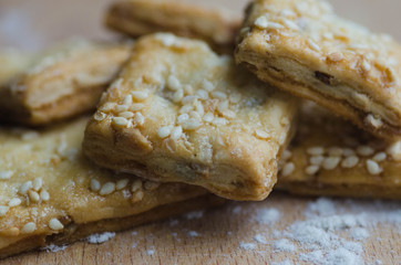 Soft view on the home made crisp cookie with sesame seeds