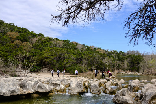 A view of Barton Creek Greenbelt Trail in Austin TX with Twin falls and Sculpture falls.
