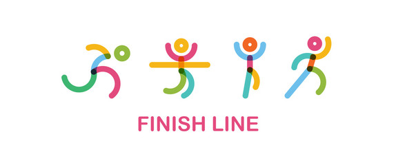 colorful Runners at Finish Line. runing motion. Simple flat symbol. vector illustration