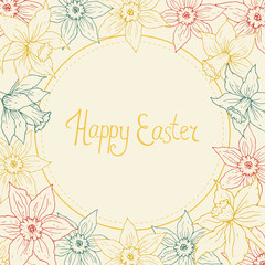 Easter greeting card with vintage daffodil round frame. Hand drawn spring flower template