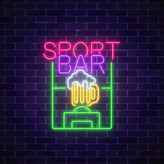 Glowing neon sport bar concept on dark brick wall background. Soccer field with glass of beer sign