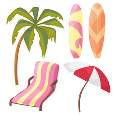 Fototapeta na wymiar Beach Icon Set - cartoon equipment - lounger, palm tree, board, umbrella