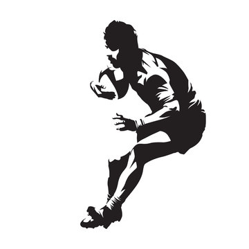 Rugby player with ball, team sport. Isolated vector silhouette