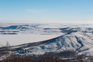 Mountains and winter landscape of the Southern Urals and Bashkiria Lake Yakty-Kul