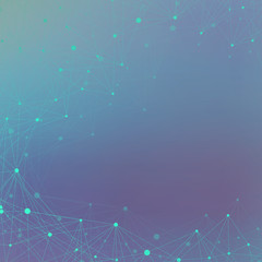 Geometric blue illustration. Molecule and communication. Connected lines with dots