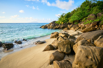 Fototapeta na wymiar Anse major beach with beautiful ligth of sun, Mahe, Seychelles